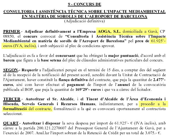 Acta de la Junta de Govern Local de Gavà adjudicant el concurs sobre l'assesoria de l'aeroport (24 d'abril de 2007)